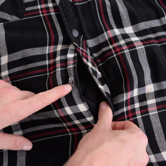 Dickies Black Red Checker Button Up Removable Hood Quilt Stitch Lined Shacket XL - Picture 13 of 15